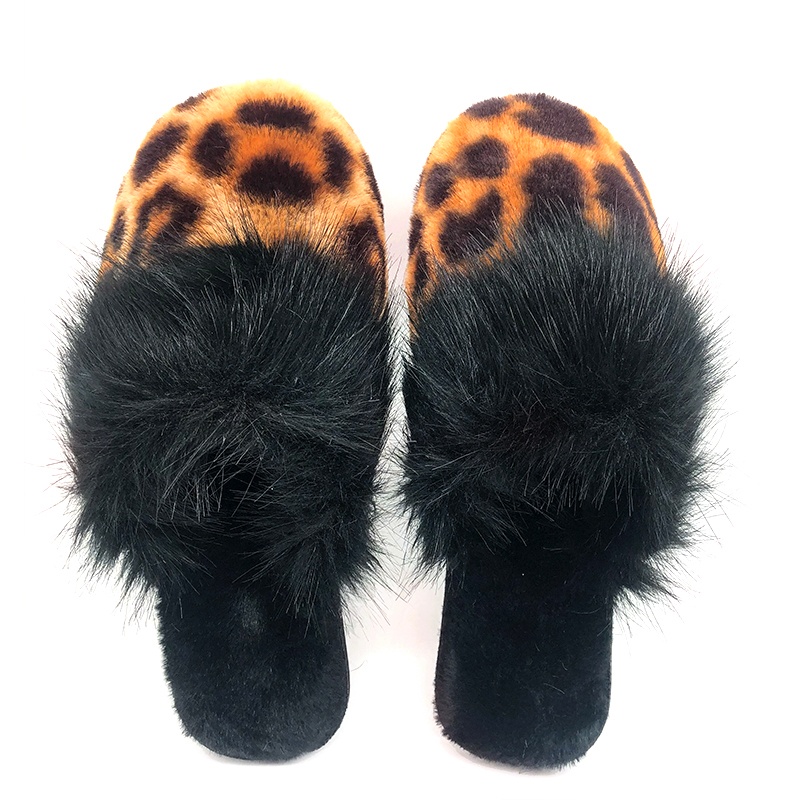 女士動物花紋人造毛半幫拖鞋