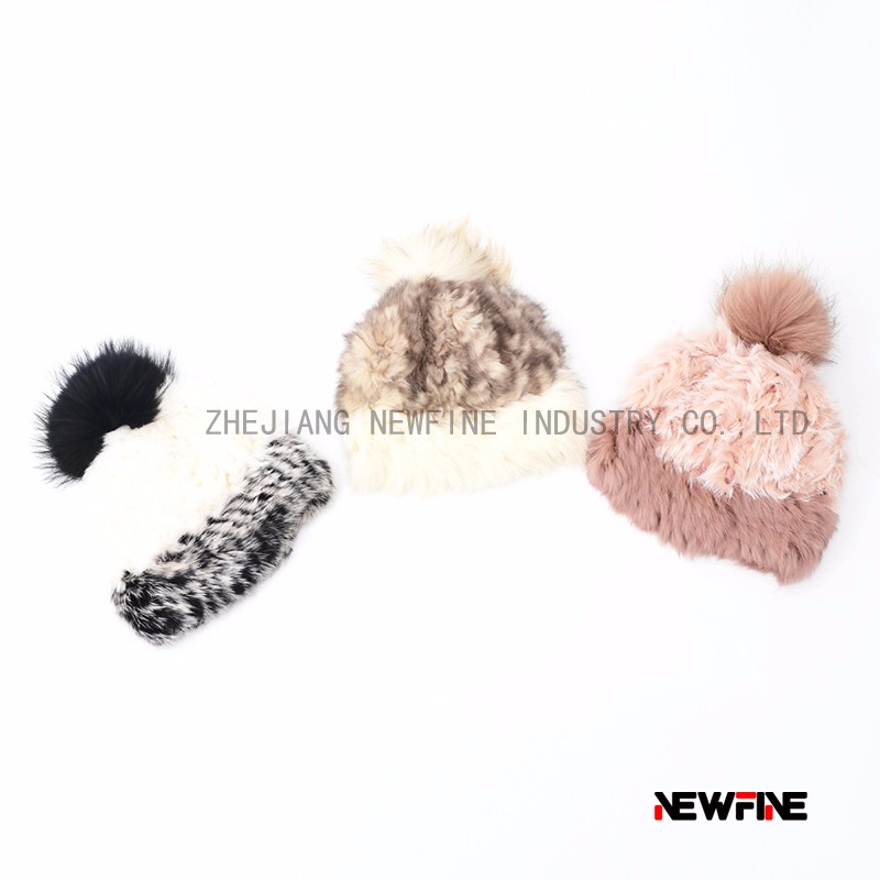 兔毛手工編織貉子毛球女士編織帽