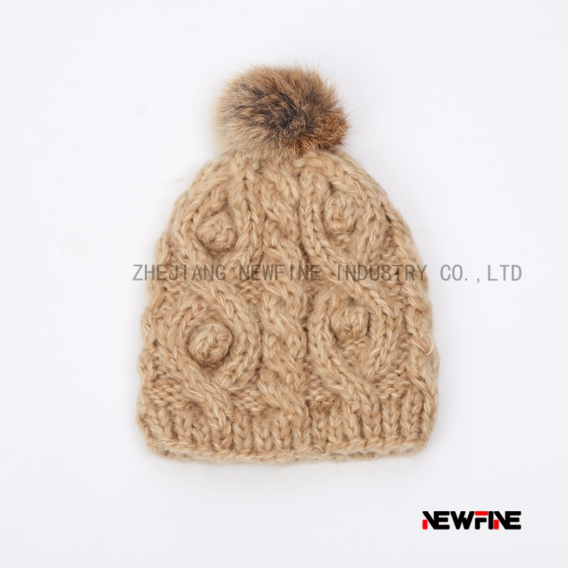 粗針織真兔毛毛球女士舒適可愛帽子